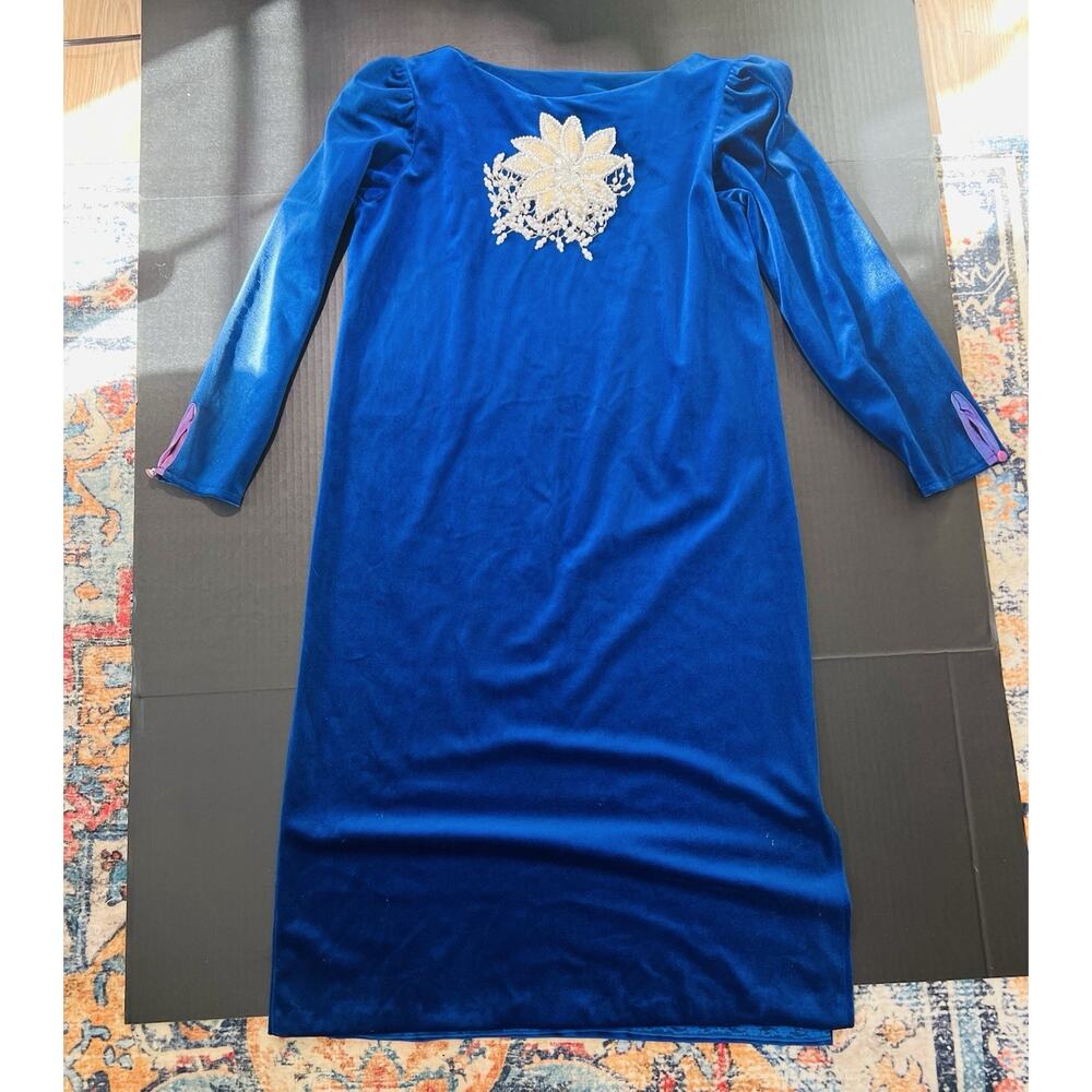Vintage 70s 80s David Strauss Royal Blue Velvet Shift Dress 8 Bow Glam Party